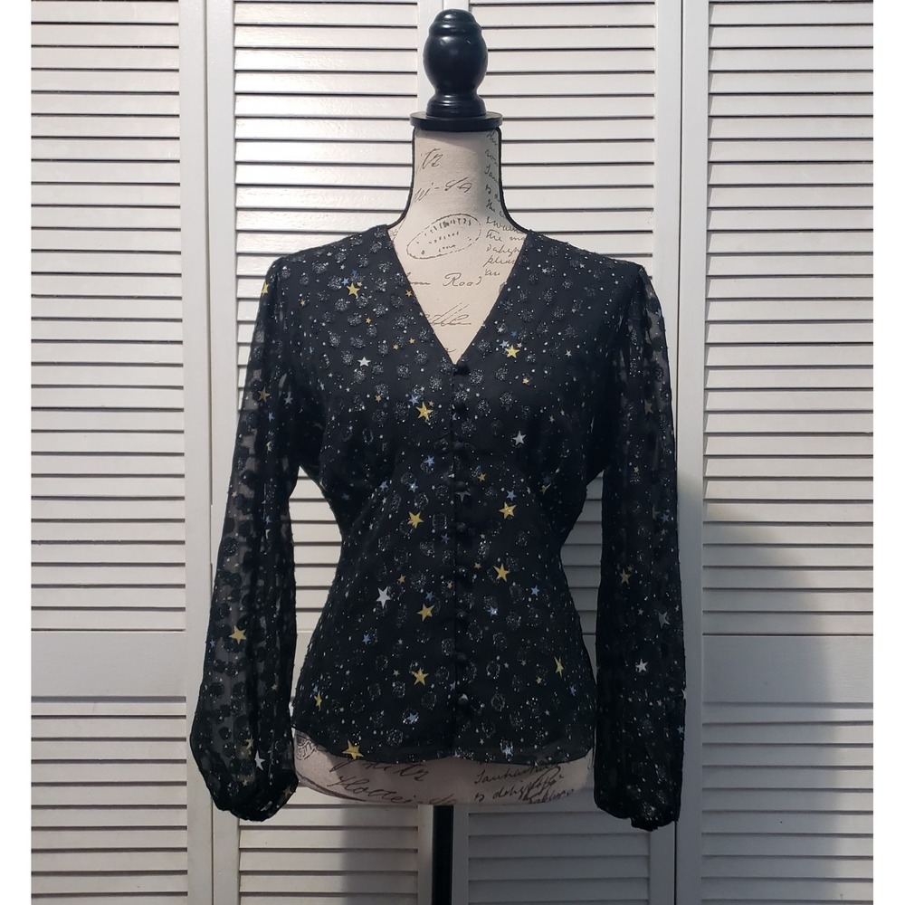 UNTUCKit Scarlett Starry Button Blouse Women's Large Black Celestial Print Top
